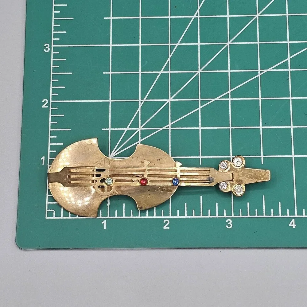 Vtg Cello Bass Brooch Pin Brass Dimensional Rhinestone Music Notes 1950s - Picture 9 of 9